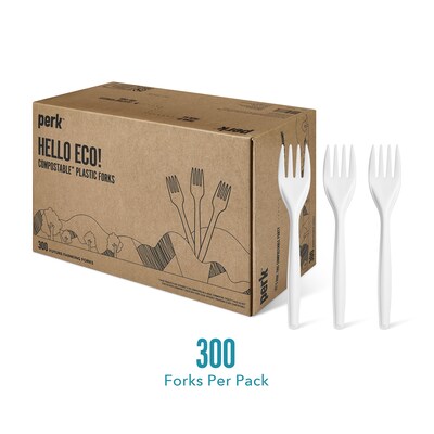 Perk™ Compostable PLA Fork, Medium-Weight, White, 300/Pack (PK56201)