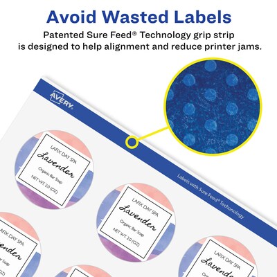 Avery Waterproof Laser Inkjet Round Labels, 2 1/2" Diameter, White, 9 Labels/Sheet, 8 Sheets/Pack, 72 Labels/Pack (22856)