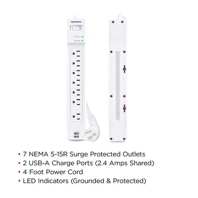 CyberPower Home Office 7-Outlet 2-USB Port Surge Protector, 4', 2000 Joules, White (P704URC1)