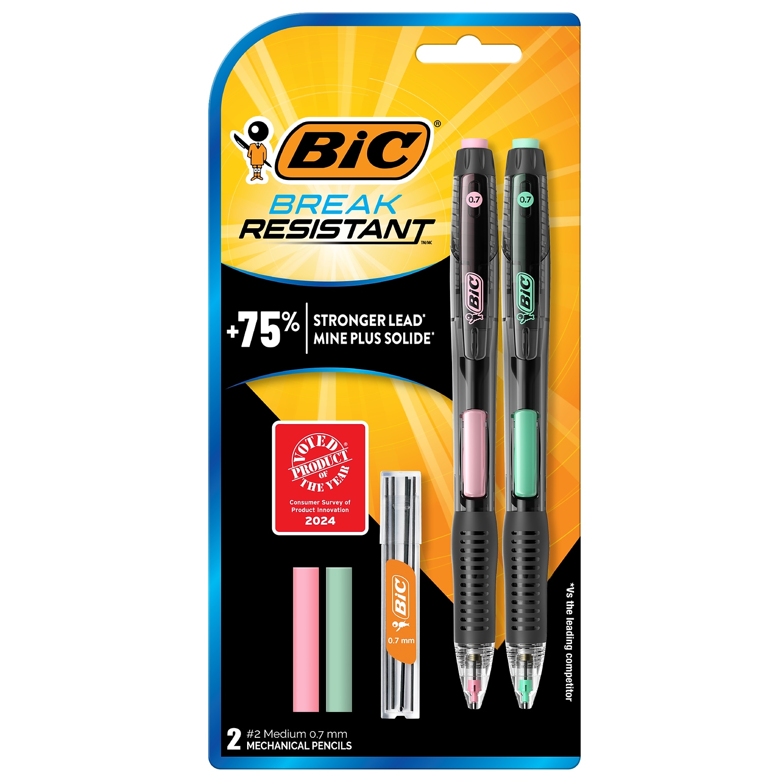 BIC Break-Resistant Mechanical Pencils with Erasers, 0.7mm, #2 Medium Lead, 2/Pack (MV7PRP2-BLK)