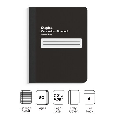 Staples Composition Notebook, 7.5" x 9.75", College Ruled, 80 Sheets, Black, 4/Pack (ST58293)