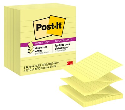 Post-it Super Sticky Pop-up Notes, 4 x 4, Canary Yellow, Lined,  90 Sheets/Pad, 5 Pads/Pack (R440-