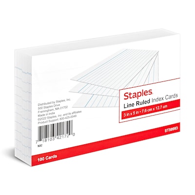 Staples 3 x 5 Index Cards, Narrow Ruled, White, 100/Pack (TR50993)