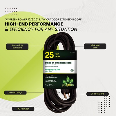 GoGreen Power 25' Indoor/Outdoor Extension Cord, 16 AWG, Black (GG-13725BK)
