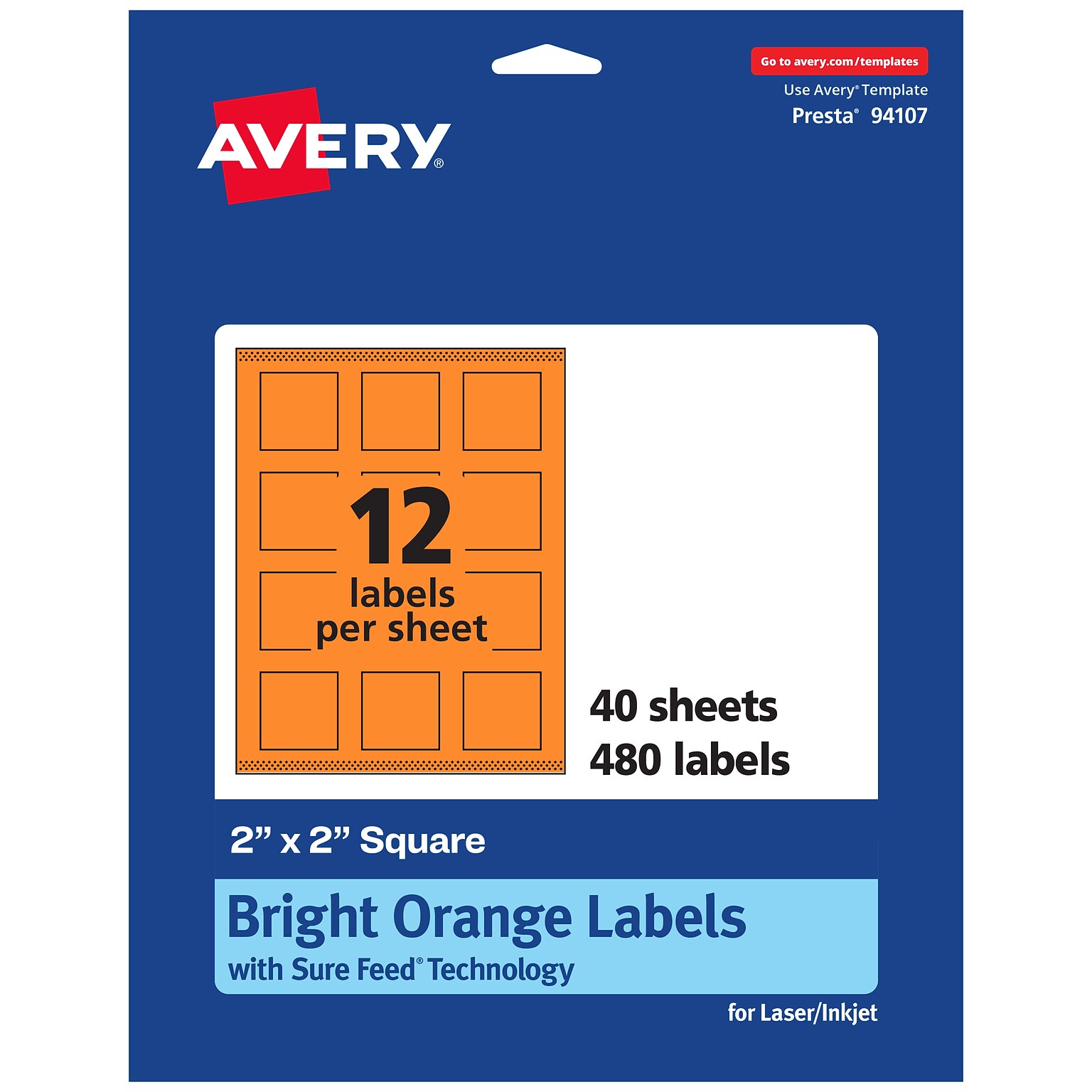 Avery Laser/Inkjet Multipurpose Square Labels, 2 x 2, Bright Orange, 480/Pack (94107)