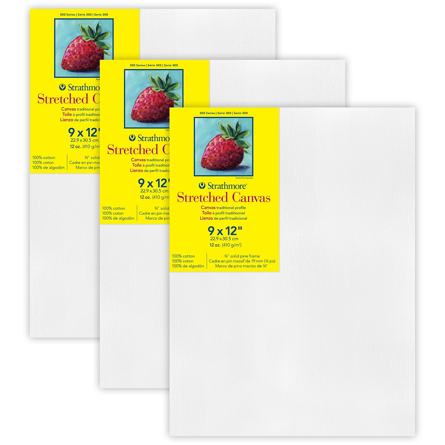 Strathmore 300 Series Primed White Stretched Canvas, 9 x 12 , 3/Pack (STT31309-3)