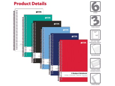 Better Office 3-Subject Notebooks, 5.5" x 9.5", College Ruled, 150 Sheets, 6/Pack (25746-6PK)