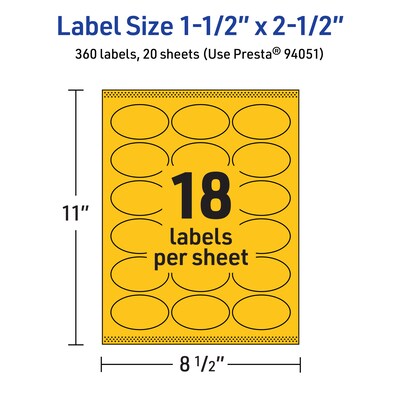 Avery Laser/Inkjet Oval Multipurpose Labels, 1.5" x 2.5", Bright Yellow, 360/Pack (94051)