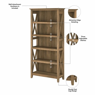 Bush Furniture Key West 66"H 5-Shelf Bookcase with Adjustable Shelves, Reclaimed Pine Laminated Wood, 2/Set (KWS046RCP)