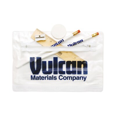 Custom Printed School Pouch Kit with Ruler; Clear with Color Trim, Wood Ruler
