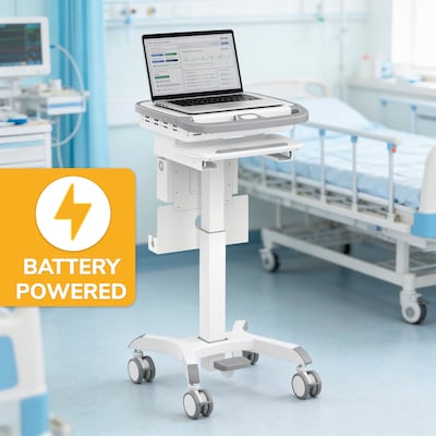 Mount-It! MedHub Powered Height-Adjustable Medical Cart Workstation with Power Kit & Built-In Power Strip, White/Gray (MI-16056)