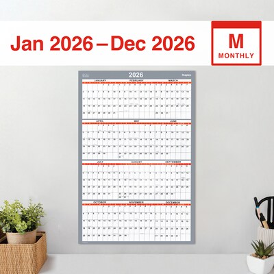 2026 Staples 36 x 24 Yearly Dry-Erase Wall Calendar, Reversible, White/Red/Gray (ST63004-26)