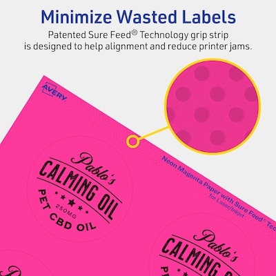 Avery Round Laser/Inkjet Multipurpose Labels, 2.75" Dia, Neon Magenta (480/Box)