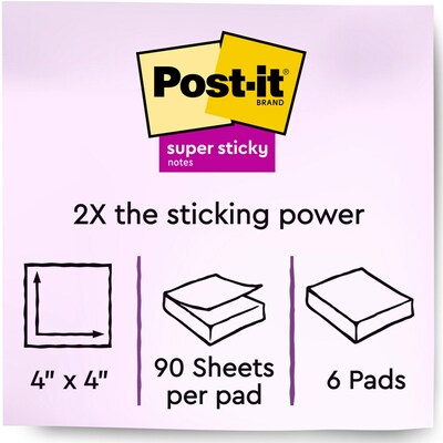 Post-it Recycled Super Sticky Notes, 4" x 4", Wanderlust Pastels Collection, Lined, 90 Sheets/Pad, 6 Pads/Pack (675-6SSNRP)