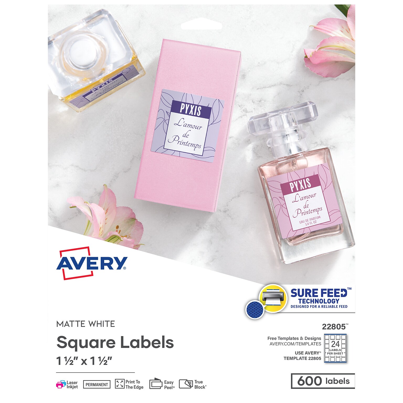 Avery Print-to-the-Edge Laser/Inkjet Square Labels, 1 1/2 x 1 1/2, White, 600 Labels/Pack (22805)