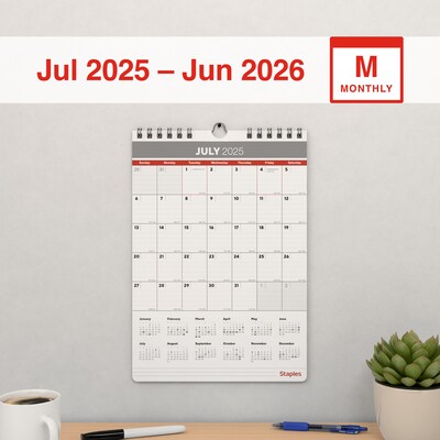 2025-2026 Staples 8 x 11 Academic Monthly Calendar, Gray/Red (ST62815-25)