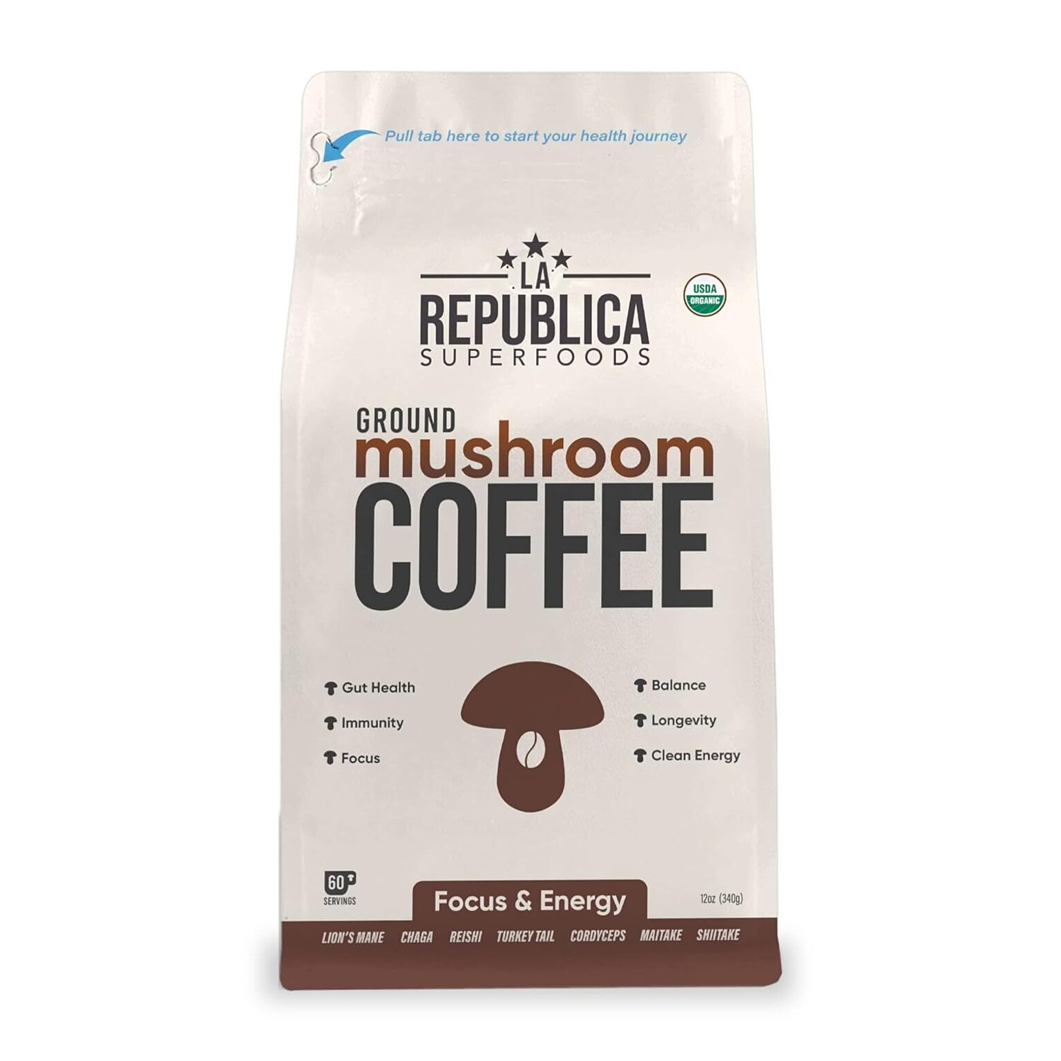 La Republica Organic Ground Superfood Mushroom Coffee, Fair Trade Arabica Coffee, Medium Roast, 60 Servings (LARR-OGMC)