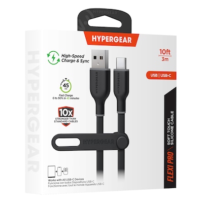 HyperGear Flexi Pro USB-A to USB-C Soft-Touch Silicone Charge and Sync Cable, 10 ft., Black (15912)