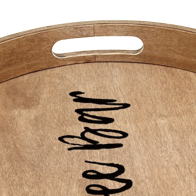 Elegant Designs "Coffee Bar" Decorative 13.75" Round Wood Serving Tray w/ Handles, Natural Wood (HG2013-NCB)