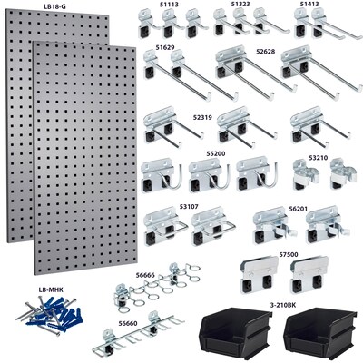Triton Products LocBoard Pegboards with 30 pc. LocHook Assortment and Hanging Bin System (LB18-GKit)