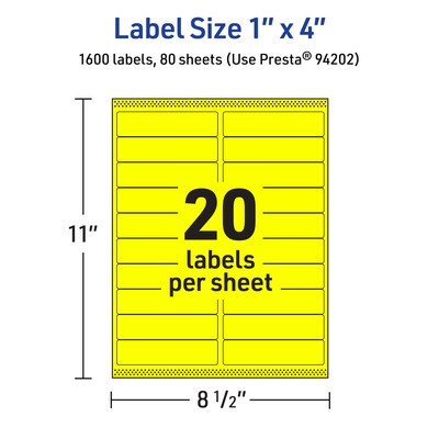 Avery Laser/Inkjet Multipurpose Rectangle Labels, 1" x 4", Neon Yellow, 1600/Box (94202)