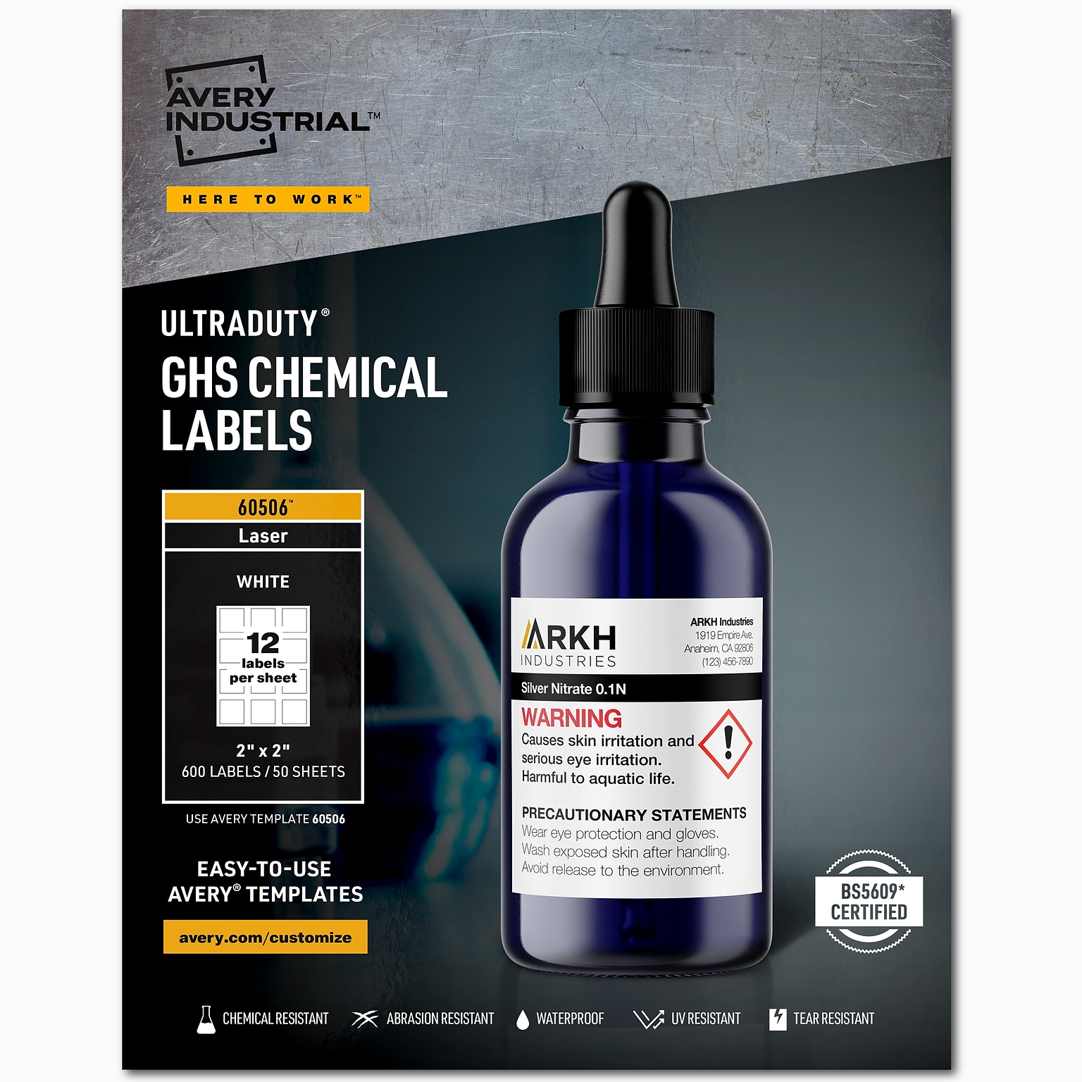 Avery UltraDuty Waterproof Laser GHS Chemical Labels 2 x 2, White, 600 Labels/Box (60506)