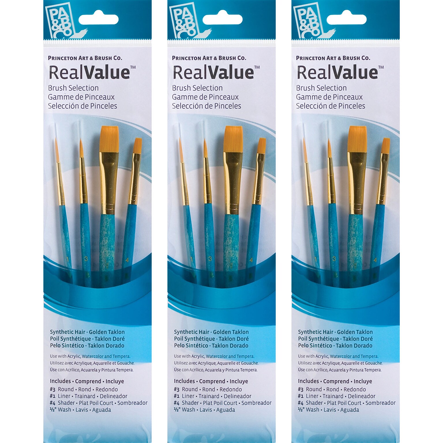 Princeton RealValue Mixed Media Synthetic Taklon, Variety Brush Set, 4/Set, 3 Sets/Bundle (PBXPR9172-3)