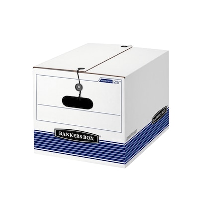 Bankers Box Medium-Duty FastFold File Storage Boxes, String & Button, Letter/Legal Size, White/Blue, 4/Carton (0002501)