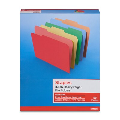 Staples Heavyweight File Folders, 1/3-Cut Tab, Letter Size, Assorted Colors, 50/Box (ST18363-CC)