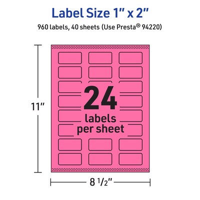 Avery Laser/Inkjet Rectangle Multipurpose Labels, 1" x 2", Bright Pink, 960/Pack (94220)