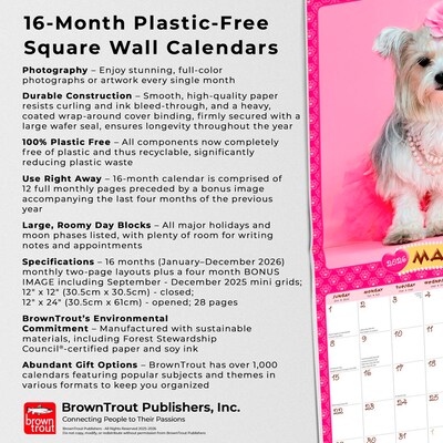 2026 BrownTrout Puppies in Pink 12" x 12" Monthly Wall Calendar (9798330705245)
