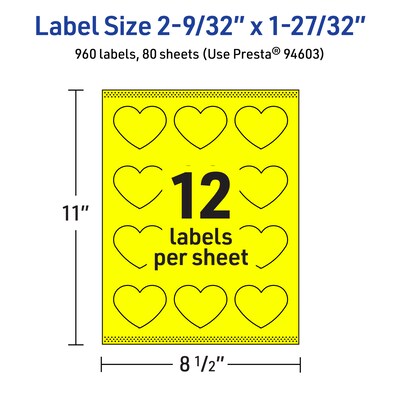 Avery Heart Laser/Inkjet Multipurpose Labels, 2-9/32" x 1-27/32", Neon Yellow (960/Box)