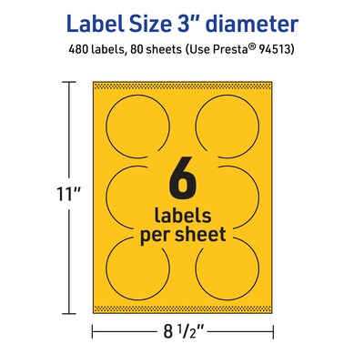 Avery Laser/Inkjet Round Multipurpose Labels, 3" Dia., Bright Yellow, 480/Box (94513)