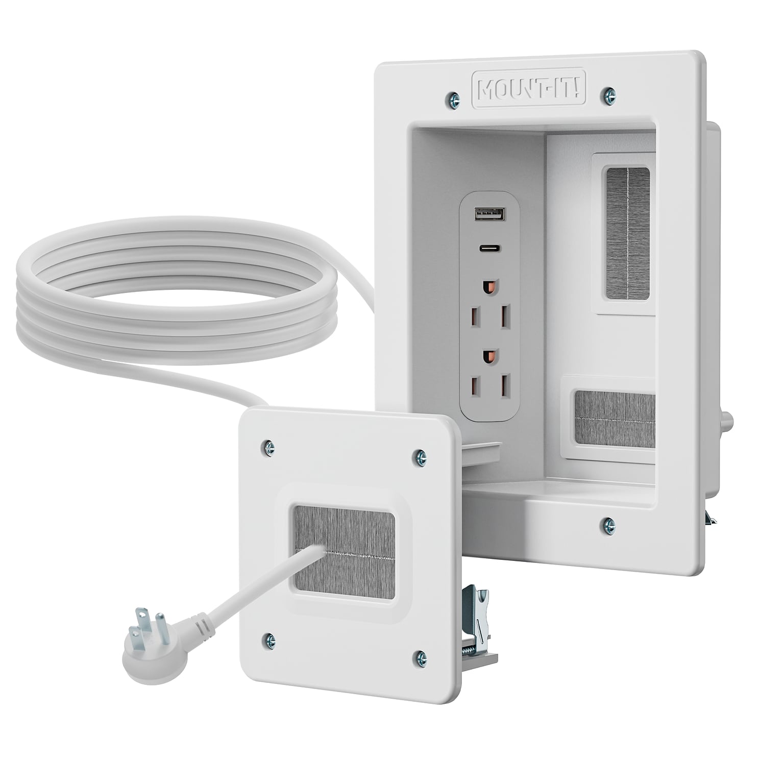Mount-It! In-Wall Cable Management Kit with 2 Power Outlets, USB-A & USB-C Ports, White (MI-7287)