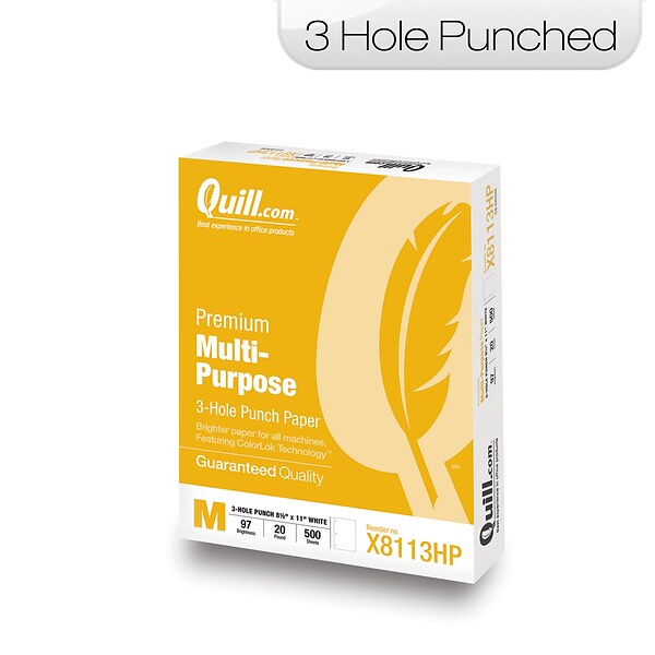 Quill Brand® 8.5 x 11 3-Hole Punch Premium Multipurpose Paper, 20 lbs., 97 Brightness, 500 Sheets/Ream (X8113HP)