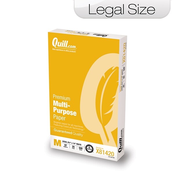 Quill Brand® 8.5 x 14 Premium Multi-Purpose Paper, 20 lbs., 97 Brightness, 500 Sheets/Ream (40434)