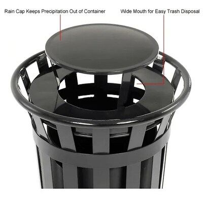 Global Industrial Outdoor Slatted Steel Trash Can w/ Rain Bonnet Lid, 24 Gallon, Black (260803BK)