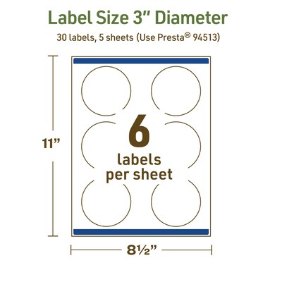 Avery Dissolvable Circle Multipurpose Labels, 3" Dia., Off-white, 30/Pack (94513)