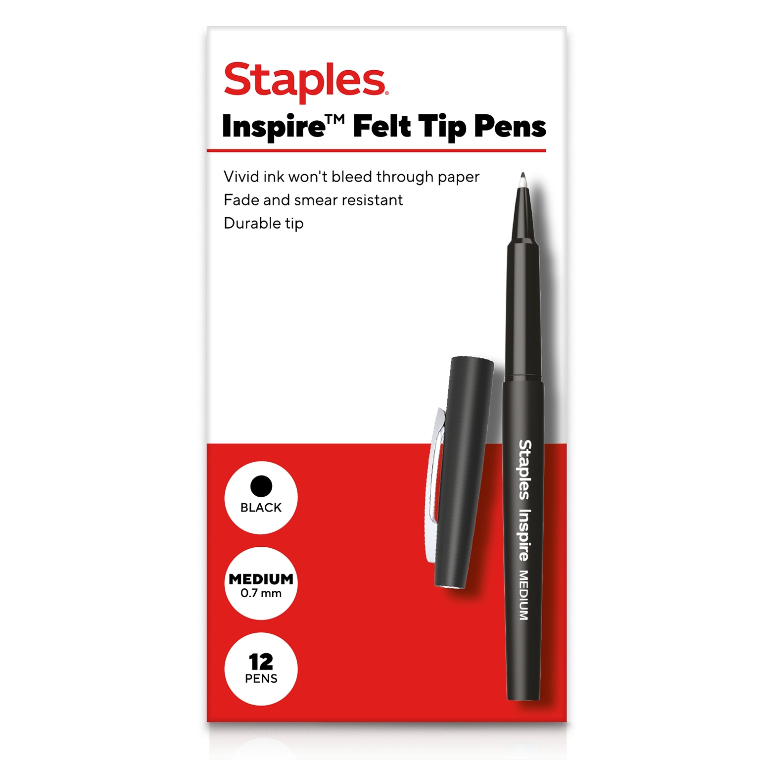 Staples Inspire Felt Tip Pen, Medium Point, 0.7mm, Black Ink, Dozen (ST63329)