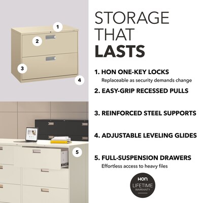 HON Brigade 600 Series 2-Drawer Lateral File Cabinet, Locking, Letter/Legal, Putty/Beige, 36"W (H682.L.L)