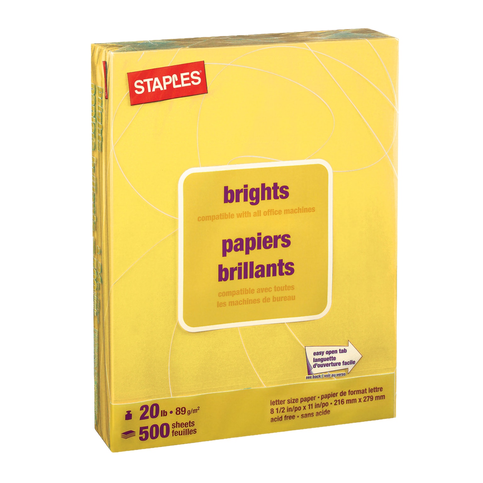 Staples Brights Multipurpose Colored Paper, 20 lbs., 8.5 x 11, Fluorescent Yellow, 500/Ream (25204)