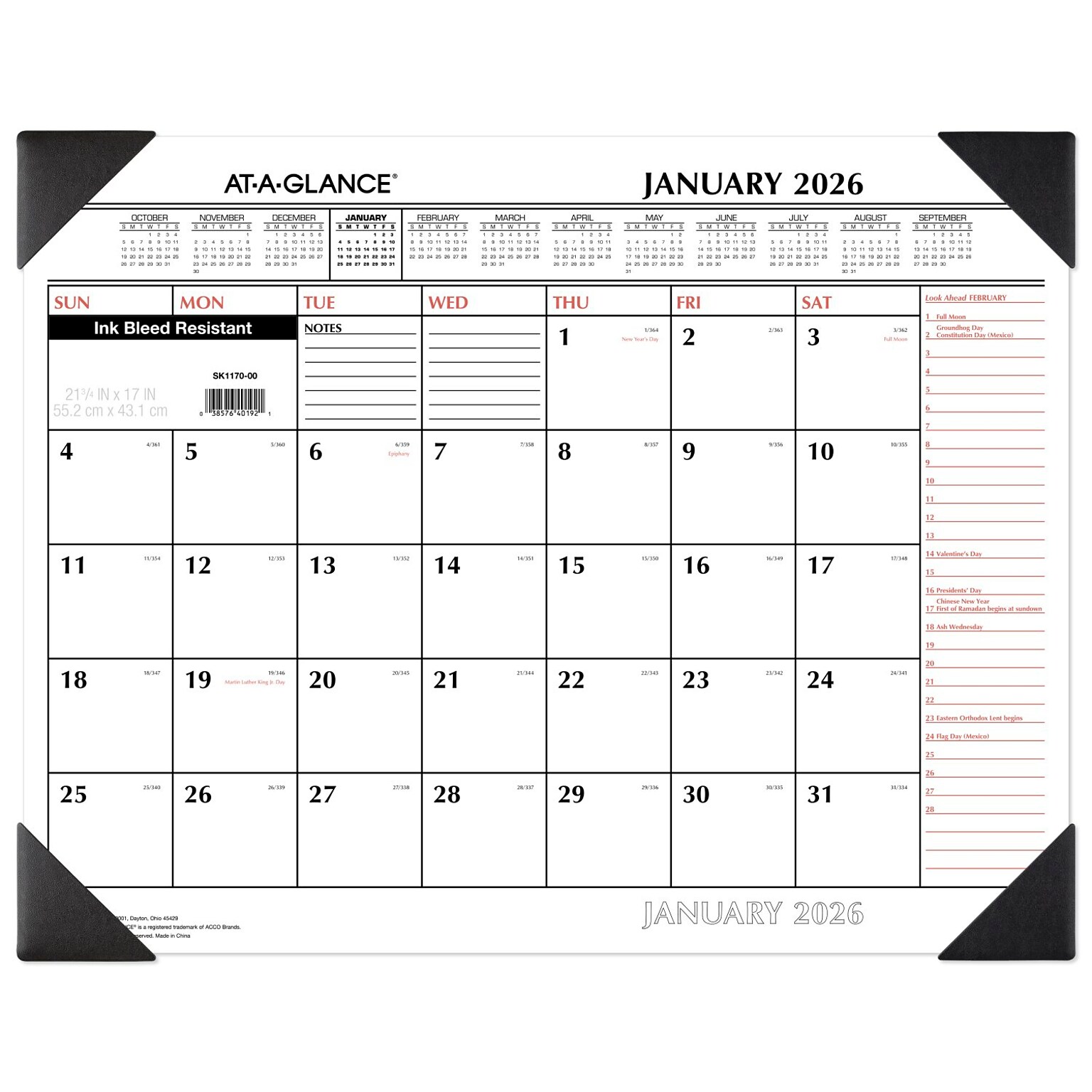 2026 AT-A-GLANCE 21.75 x 17 Monthly Desk Pad Calendar, White/Black (SK1170-00-26)