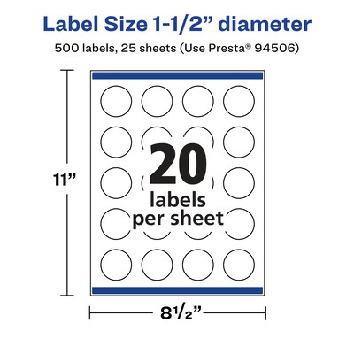 Avery Laser/Inkjet Round Multipurpose Labels, 1 0.5" Dia, Matte White, 500 Labels/Pack (94506)