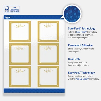 Avery Square Multipurpose Labels, 3" x 3", White, 60/Pack (19479370525)