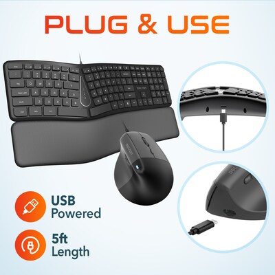Delton KB250/S38 Wired Ergonomic Keyboard and Optical Mouse Combo, Black (DKME250S38-U)
