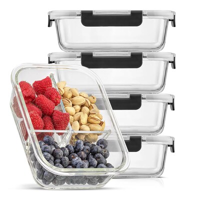 JoyJolt 3-Section Meal Prep Storage Containers, Set of 5 - Black