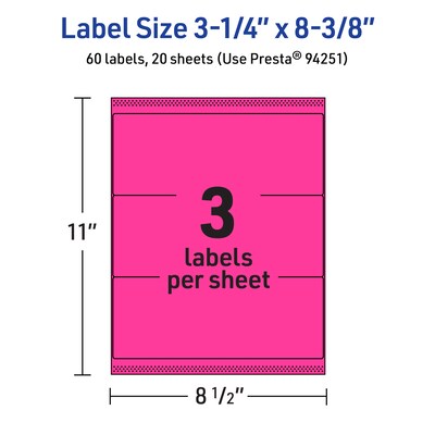 Avery Laser/Inkjet Rectangle Multipurpose Labels, 3-1/4" x 8-3/8", Neon Magenta, 60/Pack (94251)