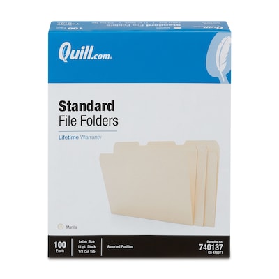 Quill Brand® File Folders, 1/3-Cut Assorted, Letter Size, Manila, 100/Box (740137)