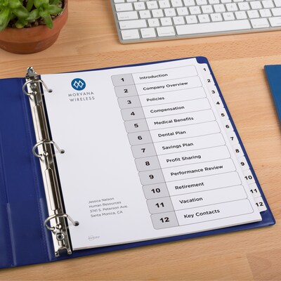 Avery Ready Index Table of Contents Paper Dividers, 1-12 Tabs, White, 6 Sets/Pack (11824)