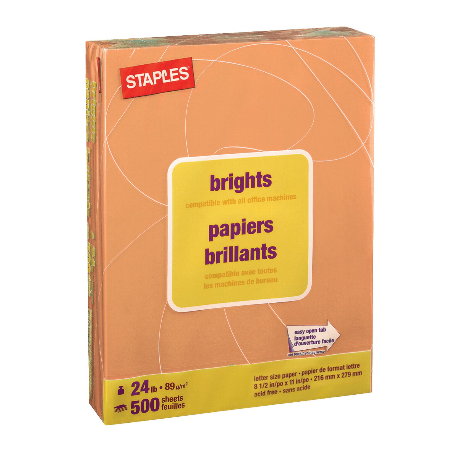 Staples Brights Multipurpose Paper, 24 lbs., 8.5 x 11, Orange, 500/Ream (20108)